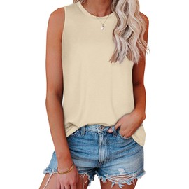 Women's Sleeveless Workout Tank Tops Loose Fit Summer Tops Crew Neck Cotton Yoga T Shirts(Khaki, L)