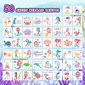 EMOME 50 Sheets Individually Wrapped Mermaid Tattoos for Kids Girls, Mermaid Temporary Tattoos for Birthday Party Decorations Favors Supplies, Ocean Themed Tattoo Stickers for Mermaid Games