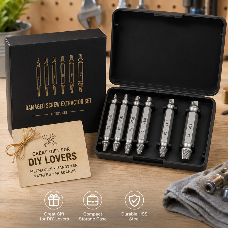 6-Piece Screw Extractor Set for Damaged Fasteners – HSS Double-Ended