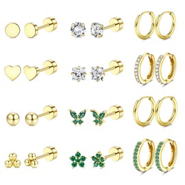 Jstyle Hypoallergenic Surgical Steel Earrings for Sensitive Ears 14K Gold Flat Back Earrings for Women Men Small Stainless Steel Earrings Flatback Stud Hoop Cartilage Earring Set for Multiple B