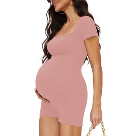 Yeshape Summer Plus Size Maternity Romper Square Neck Bodysuit Sports Yoga Daily Pregnancy Must Haves (Pink XL)