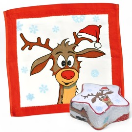 MIJOMA Set of 4 Magic Face Cloths Magic Towel Magic Towel Children's Gift Party Bag Tombola 100% Cotton Unfolds in Warm Water (Christmas Reindeer)