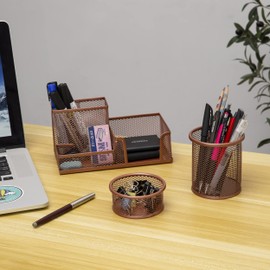 Desk Organiser with Pen Holder, Storage Box with Compartments for Pencils, Rose Gold Desktop Organisers For Stationeries, Metal Mesh Drawer Organizer for Clips, Rulers and Small Desk Accessories