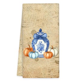 OINDADE Vintage Chinoiserie Fall Pumpkin Kitchen Towels, Blue and White Porcelain Hand Towels, Blue Bow Pumpkin Dish Tea Towel for Kitchen Decorative, Fall Chinoiserie Bathroom Kitchens Decor,16x24In