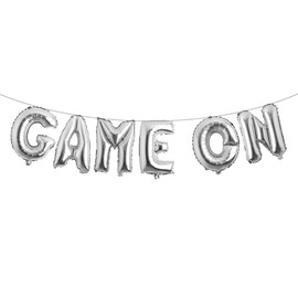 GAME ON Balloons Banner Black Game Themed Birthday Party Decoration and Supplies Sign (GAME ON Silver)