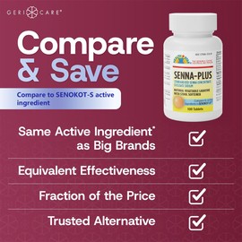 GeriCare Senna Plus Natural Vegetable Laxative with Stool Softener, Docusate Sodium 50mg, Sennosides 8.6mg 100 Count (Pack of 1)