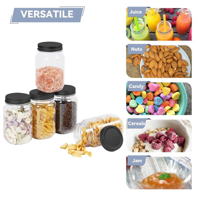 novelinks 16 oz Clear Plastic Jars with Lids, Refillable 16oz