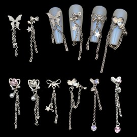 WOKOTO 8 Pcs 3D Silver Dangle Nail Charms With Chains Butterfly Heart Bow Nail Charms Crystals Nail Gems For Acrylic Nails Butterfly Bow Heart Charms For Nails Design Charms Jewelry Nail Decorations