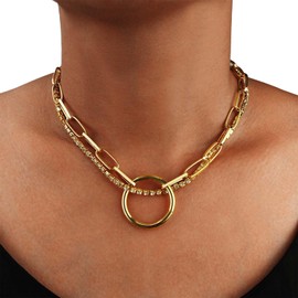 Yienate Punk Crystal Choker Necklace Layered Gold Rhinestone Choker Big Circle Pendant Necklace Chunky Paperclip Chain Choker Rock Statement Crystal Necklace Charm Jewelry for Women and Girls