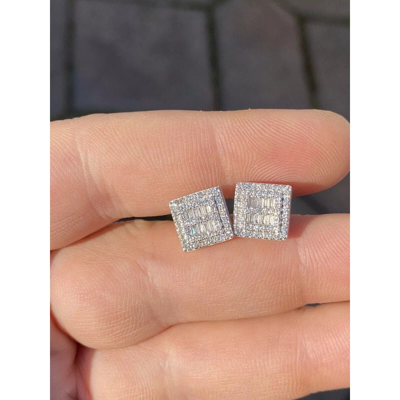Harlembling Mens Real Solid Sterling Silver CZ Baguette Earrings Studs