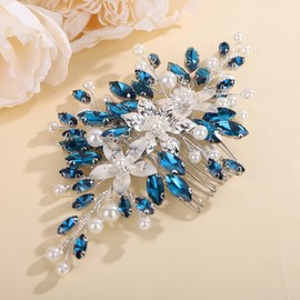 Teyglen Peacock Blue Crystal Wedding Hair Comb Flower Bridal Hair Comb Handmade Pearl Rhinestone Headpiece Hair Accessories for Women Wedding Hair Piece (Peacock blue)