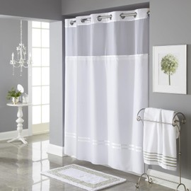Hookless It's A Snap! Escape Shower Curtain, 3-in-1 Shower Curtain Includes Fabric Shower Curtain with Sheer Top Window, Flex-On Rings & Fabric Liner, 71" x 74", White