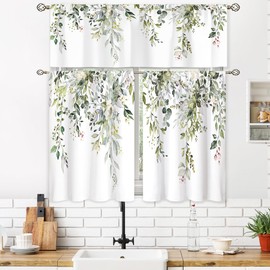 Oolygoo Eucalyptus Botanical Leaves Small Short Kitchen Curtains Farmhouse Flower Window Curtains Valance and Tier Set 3 Piece 36 Inch Sage Green Tier Treatment Curtain Boho Cafe Curtains for Bathroom