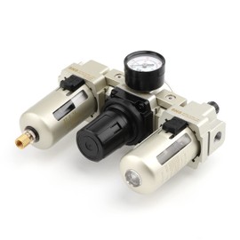 SNS 1/4" NPT Compressed Air Filter Regulator Lubricator Three Units Combo FRL Water/Oil Trap Separator, Semi-auto Drain, Gauge and Bracket, Poly Bowl with Metal Guard AC3000-N02A