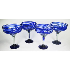 Eye4Art Mexican Margarita Glasses Blue Swirl, Pitcher set, Hand Blown, set of 4 with pitcher