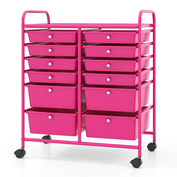 COSTWAY 12-Drawer Rolling Storage Cart, Moveable Art Craft Organizer W/Lockable