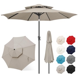 FLAME&SHADE 9ft Patio Umbrella - 2 Tiers Outdoor Umbrella with Push Button Tilt and Crank for UV Protection, Table Market Umbrella for Garden, Deck, Backyard, Pool and Beach(Taupe)