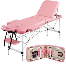 Yaheetech Massage Tables Portable Tattoo Table Adjustable Lash Bed Aluminium 3 Folding Spa Bed with Non-Woven Bag 24 inch Wide Pink