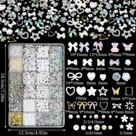 BELICEY 3D Nail Charms Set Aurora White Bow Flower Heart Star Nail Art Charms Half Round Pearls Flatback Gems Gold Silver Alloy Nail Art Supplies DIY Crafts Manicure Design Accessories