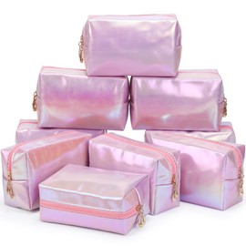 Sanwuta 9 Pcs Makeup Bags Bulk PU Double Zippers Cosmetic Bag Makeup Toiletry Pouch Portable Travel Organizers Case for Women Bachelorette Party End of The Year Bridesmaid Gift(Laser Pink)