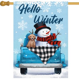 Louise Maelys Hello Winter Garden Flag 28x40 Double Sided, Burlap large Winter Truck Garden Yard House Flags with Snowman Dog for Seasonal Outside Outdoor House Decor (ONLY FLAG)