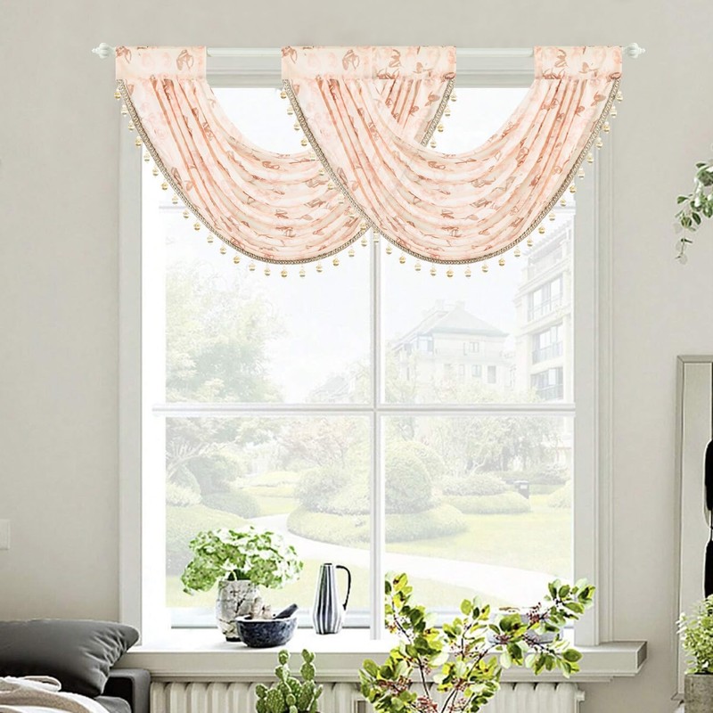 VOGOL Pink Rose Waterfall Window Valance, Rod Pocket, 30 x