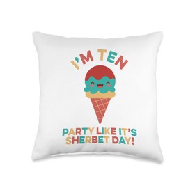 Funny Tenth B-Day Ice Cream Lover Gelato Scoops Party Like It's Sherbet Day Funny 10 Year Old Birthday 10th Throw Pillow, 16x16, Multicolor