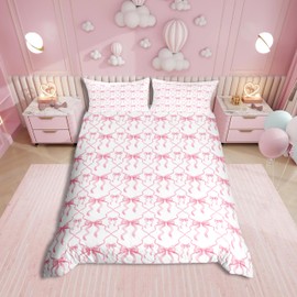Homewish Bowknot Aesthetic Bed Linen, Pink Bows 135 x 200 cm, Children, Kawaii Bow Duvet Cover Set for Teenagers Girls Princess, Modern Fantasy Girls' Room Decor Bedding Set, 2-Piece Microfibre