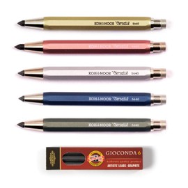 KOH-I-NOOR 5640 Automatic Metal Mechanical Pencil with Lead Sharpener Set of 6 Lead Thickness 5.6 mm Blue and Green and Pink and Gold and Silver and Pack of 6 Graphite Leads 2B