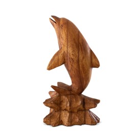 G6 Collection Wooden Hand Carved Dolphin Statue Sculpture Wood Decorative Home Decor Accent Figurine Handcrafted Handmade Seaside Tropical Nautical Ocean Coastal Decoration (Dolphin on Coral, 8")