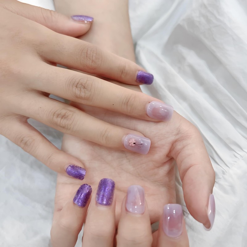 [ALLEVG]ネイルチップ 24枚入 パープル 春夏 花 人気 和風 かわいい シンプル おしゃれ