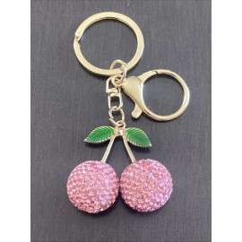 Fashion Cherry Pink Rhinestone Cherries Charm Pendant Car Purse Gold Keychain Keyring