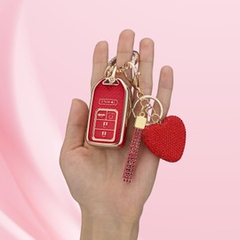 Meruns Compatiable with Honda key fob cover with Diamond Bling Keychain, Car Accessories Key holder Shell Full Protection for 2016-2022 Accord Civic CRV Pilot Odyssey,Gold Red