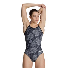 ARENA Women's Swimsuit Hydrangea Bouquet Team Print MaxLife Sports Suit Light Drop Back One Piece Bathing Suit Training Swimwear, Black/Team Black, US Size 26