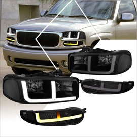 PM PERFORMOTOR Headlights Assembly Compatible with 2001-2007 GMC Sierra Yukon Denali, 4Pcs Headlamps with LED DRL Bumper Lamps, Black Housing/Smoked Lens