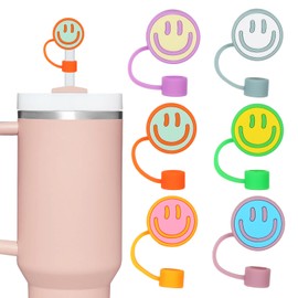 JarThenaAMCS 6PCS Smile Face Straw Covers - Cute Silicone Reusable Topper With Double Sided Pattern Tips - 10mm 0.4 Inch for 30 & 40 OZ Tumbler Cups, Colorful