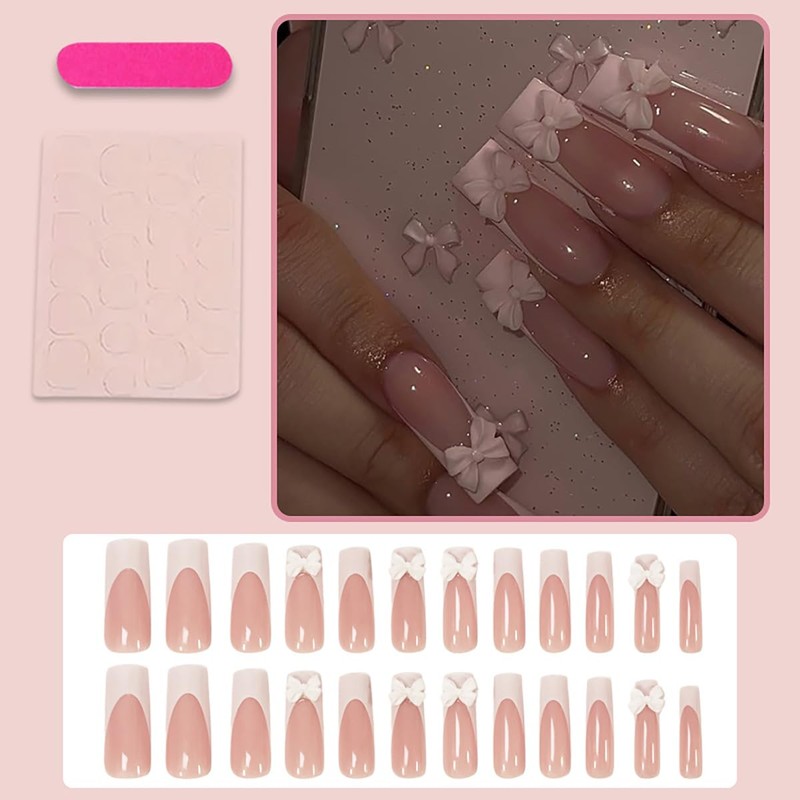 24Pcs White French Tip Press on Nails Long Square Fake