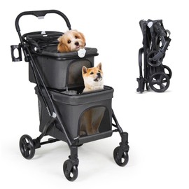 Beberoad Pets T1 Double Pet Stroller for 2 Small Dogs or Cats Lightweight Foldable Double Cat Stroller with Detachable Carrier (Black)