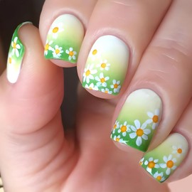LPOODDNU Small Flower Press on Nails Short Square Fake Nails Full Cover White Daisy Gradient Green Glue on Nails Short Spring Summer Stick on Nails Glossy Acrylic False Nails Glue on Nails for Women