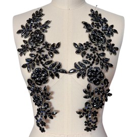 1 Pair Rhinestones Lace Applique Accessories Handsewing Glass Beads Stones Trim Patches for DIY Girl Wedding Dress Decorations (Black+Gold)