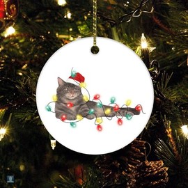 DOREENABE Christmas Ceramic Ornament Cat with Christmas String Lights Colorful 3" Ceramic Christmas Ornament Cat Lover Gifts for Women Holiday Present Christmas Home Office Tree Decorations