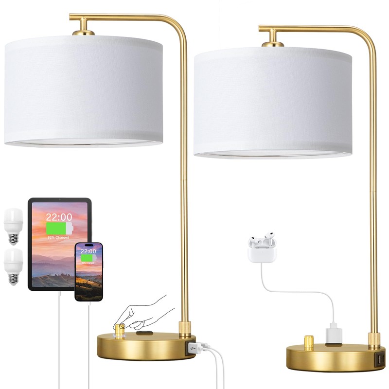 Gold Bedside Lamps Set of 2, Fully Dimmable Lamps for