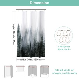 ORTIGIA 36x72 Misty Forest Stall Shower Curtain for Small Bathroom, Dark Green Half Size Narrow Nature Woodland Shower Curtain Set with Hooks, Waterproof Fabric Pine Tree Fog Magic Home Bath Curtain