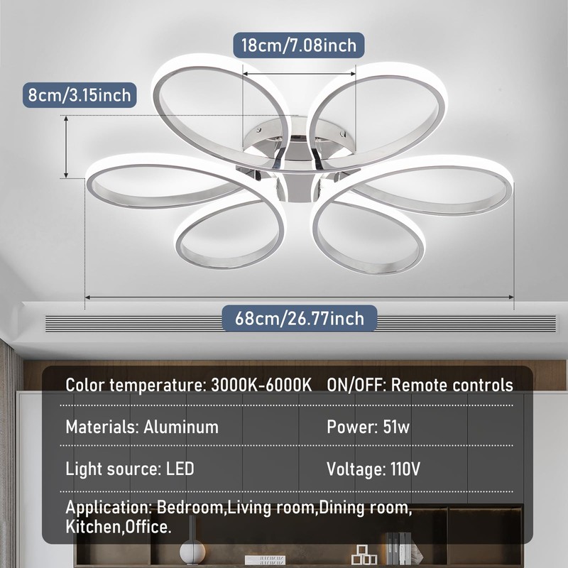 HLILCEH 26inch Modern LED Ceiling Light, 6 Rings Flower Flush