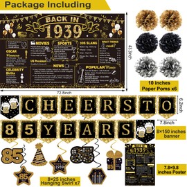 85th Birthday Decorations for Men Women,16PCS Back in 1939 Banner Decorations,Including Vintage 1939 Banner,1939 Anniversary Card,Cheers to 85 years banner,7 Hanging Swirl,6 paper Poms