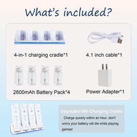 DTianSir 4 in 1 Wii Remote Charger,Charging Station with 4 Pack 2800mAh Rechargeable Battery,Plugs,USB Cable for Wii/Wii U Remote Controller(Not Include Controllers)