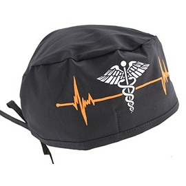 Black Heart Beat EKG & Caduceus Symbol Scrub Cap Hat