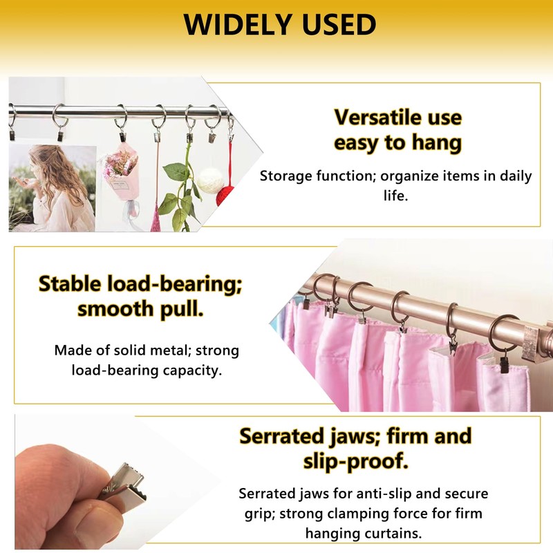 Curtain Rings with Hooks 14 Pack - Rustproof Metal Drapery