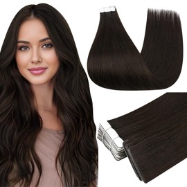 Full Shine Invisible Tape in Hair Extensions 14 Inch Machine Remy Extensions Color 2 Dark Brown Straight Injection Tape Ins Human Hair Extensions 20 PCS Add Volume for Wedding 40 Grams