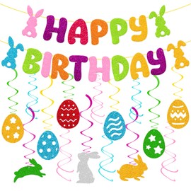 Easter's Birthday Decorations Happy Birthday Banner Glitter Colorful Hanging Swirls Decor Bunny Rabbit Easter Egg Spring Theme Bday Festival Party Supplies